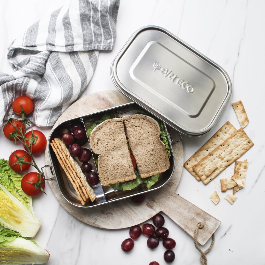 The Bento Box with Removable Divider from Ever Eco, Shown with a Sandwich and Snacks