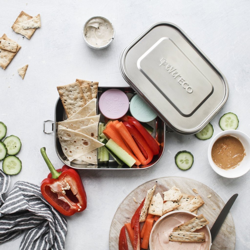 Bento Box with Removable Divider from Ever Eco, Shown with Dips, Crackers and Crudités
