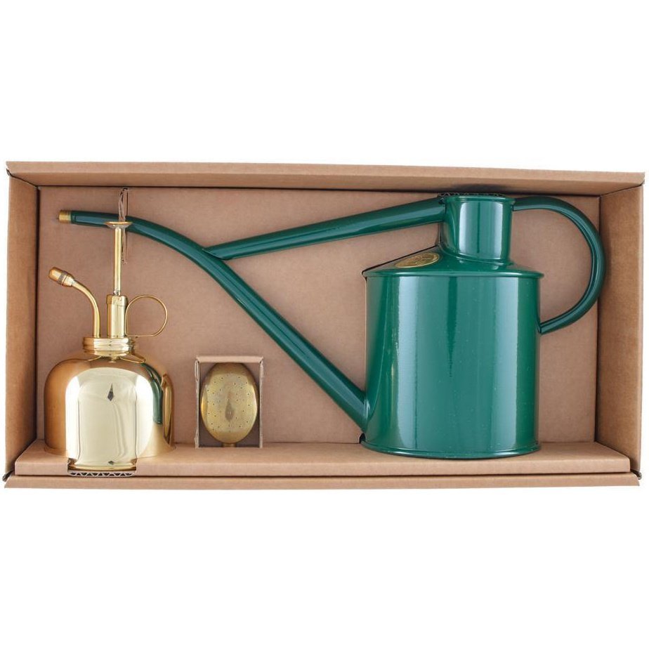 Classic Watering Set by Haws, in Green &amp; Brass, Presented in a Gift Box