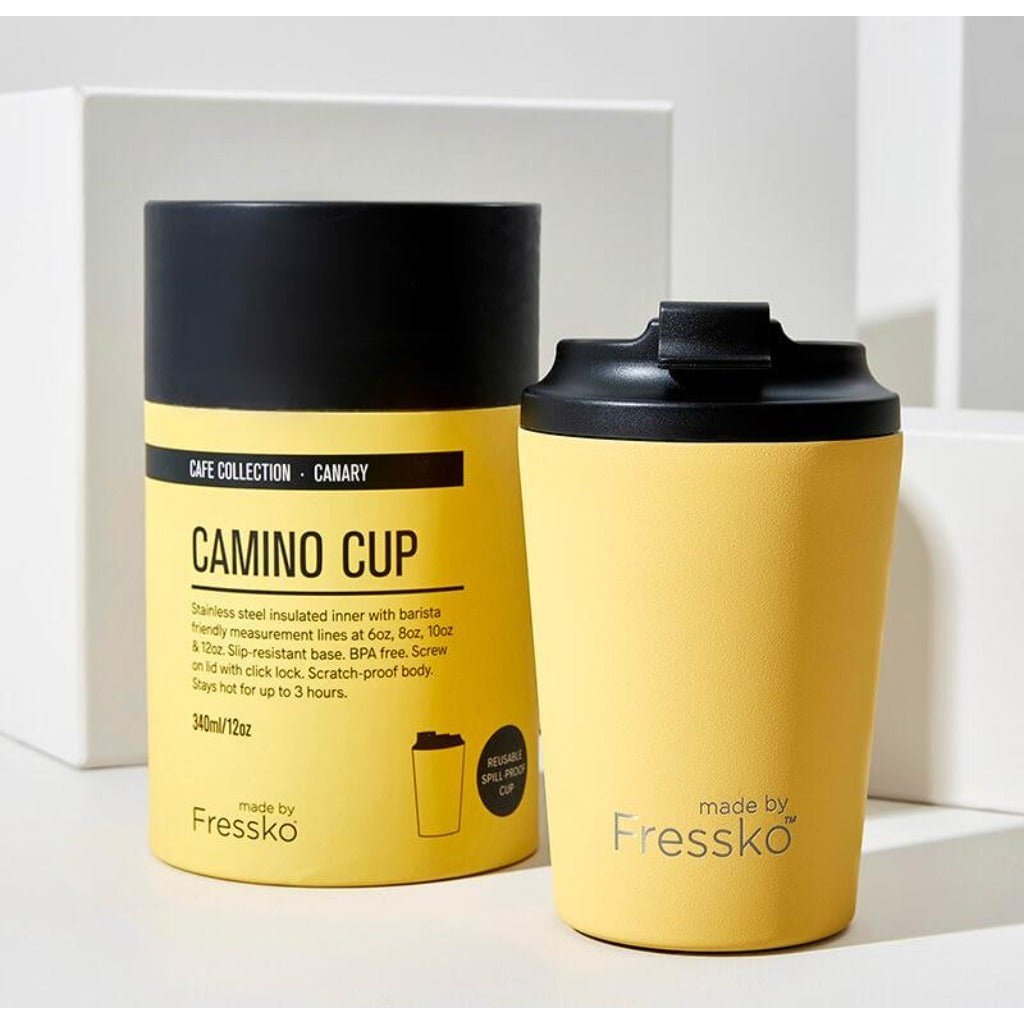 The Camino Reusable Coffee Cup from Fressko with Packaging in Canary Yellow Colour