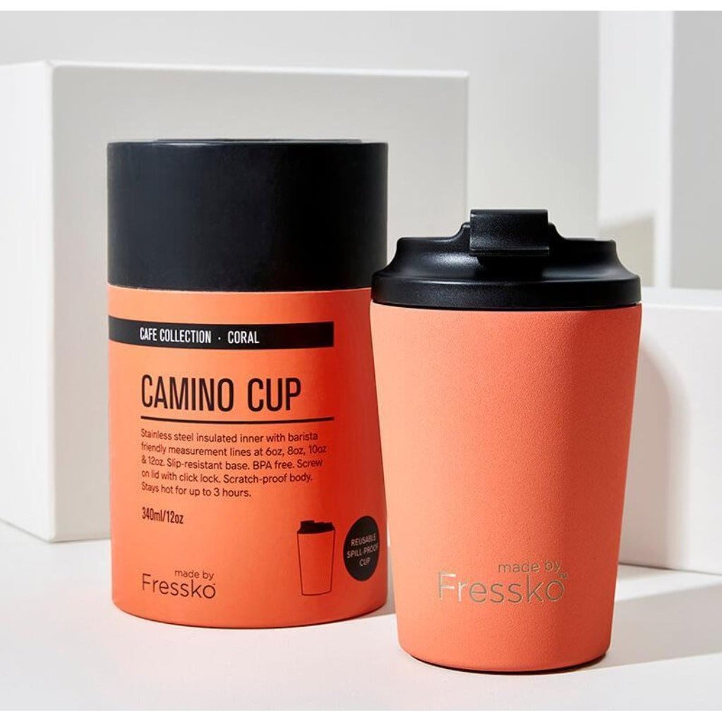 The Camino Reusable Coffee Cup from Fressko with Packaging in Coral Red Colour