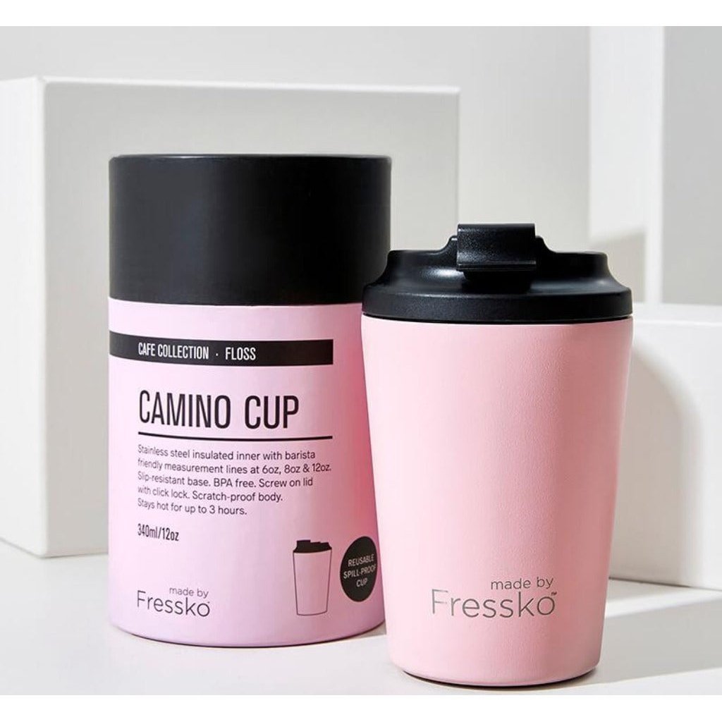 The Camino Reusable Coffee Cup from Fressko with Packaging in Floss Pink Colour