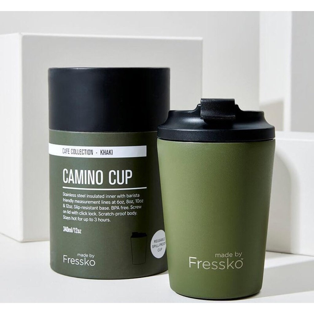 The Camino Reusable Coffee Cup from Fressko with Packaging in Khaki Green Colour