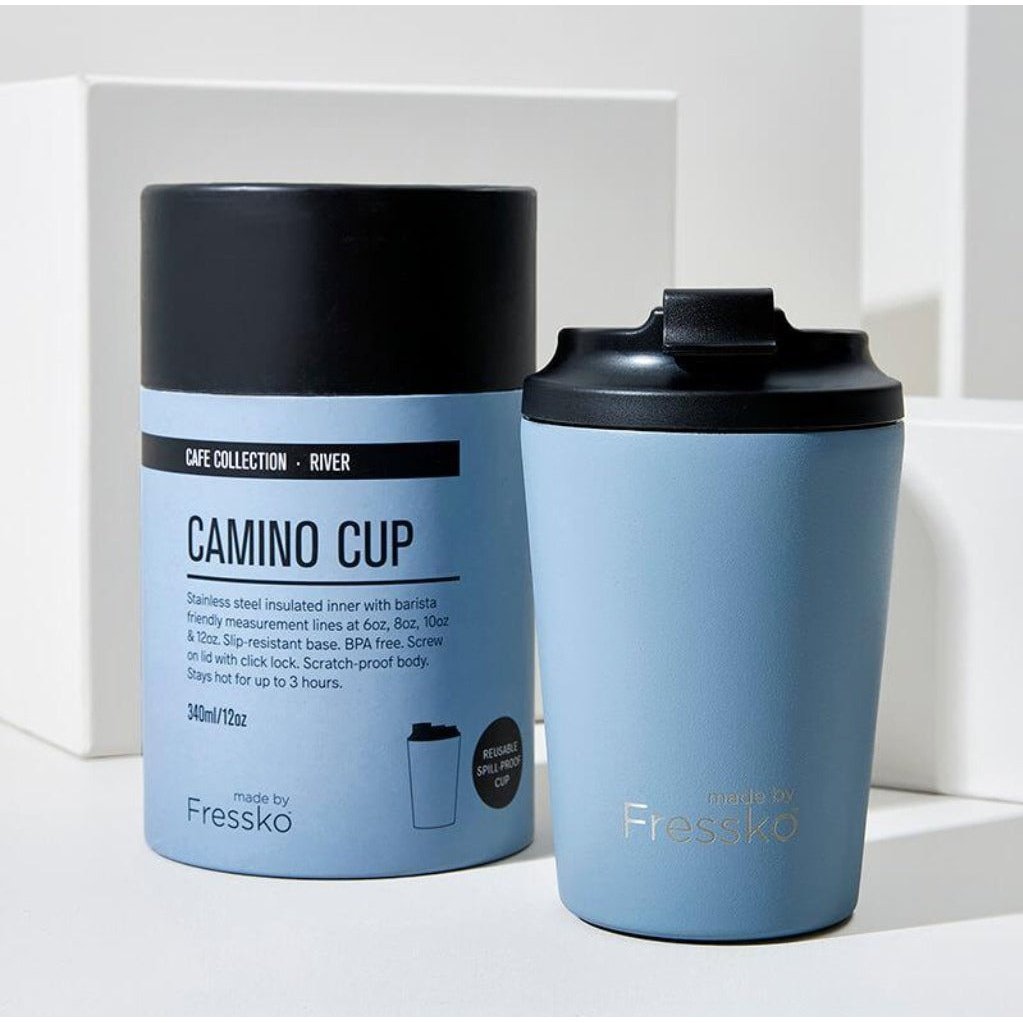 The Camino Reusable Coffee Cup from Fressko with Packaging in River Blue Colour
