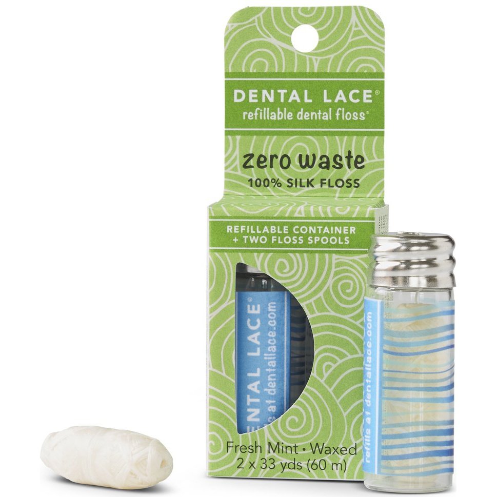 Dental Lace Refillable 100% Silk Floss in Casco Bay with Refill Spool and Packaging