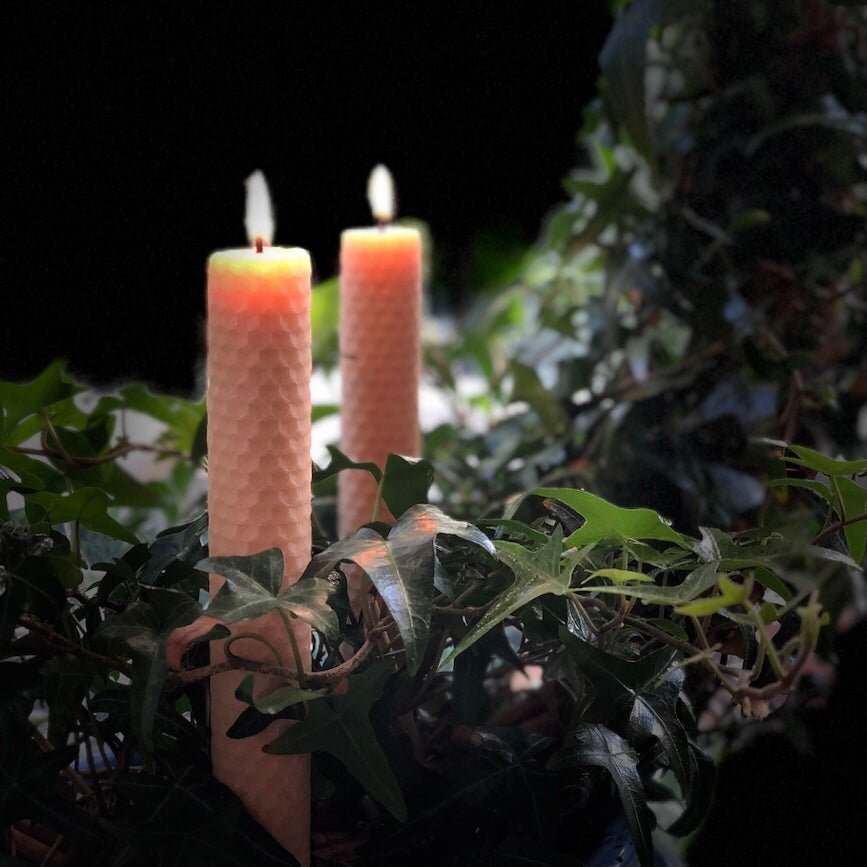 A Pair of Beeswax Pillar Candles from the Chittering Candle Company, with Ivy
