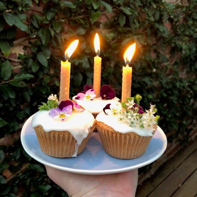 Three Cupcakes with Birthday Candles from the Chittering Candle Company