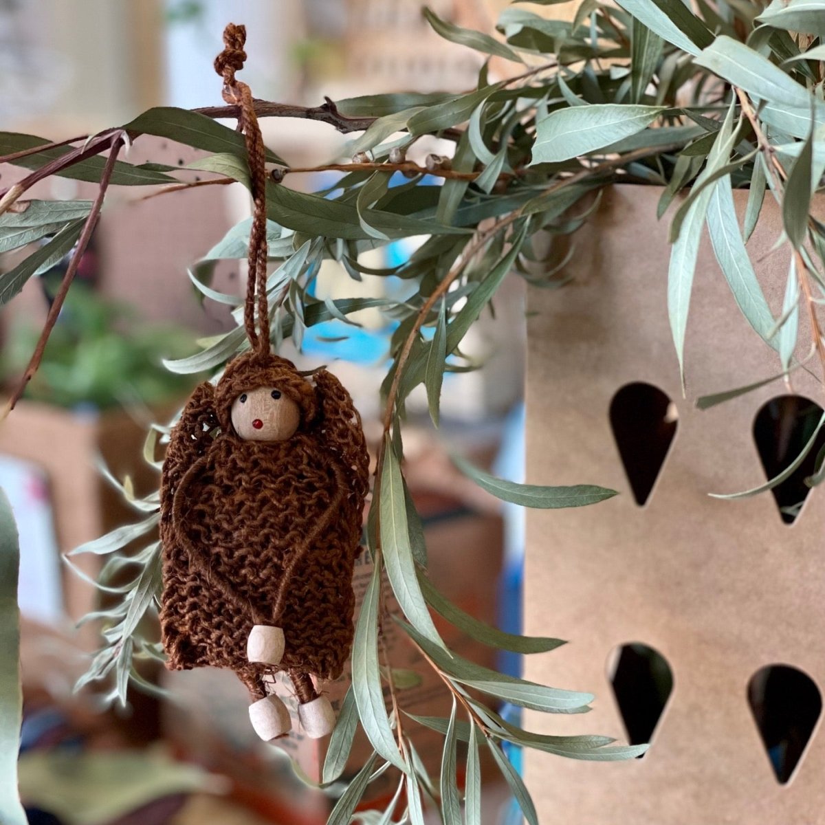 Hanging Christmas Decoration, Brown Angel with Wings made from Dyed Hemp and Wooden Beads.