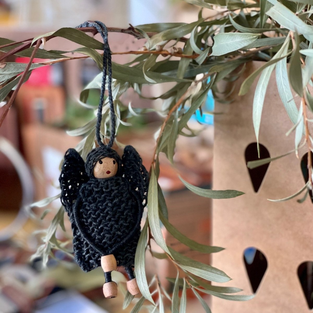 Hanging Christmas Decoration, Charcoal Angel with Wings made from Dyed Hemp and Wooden Beads.