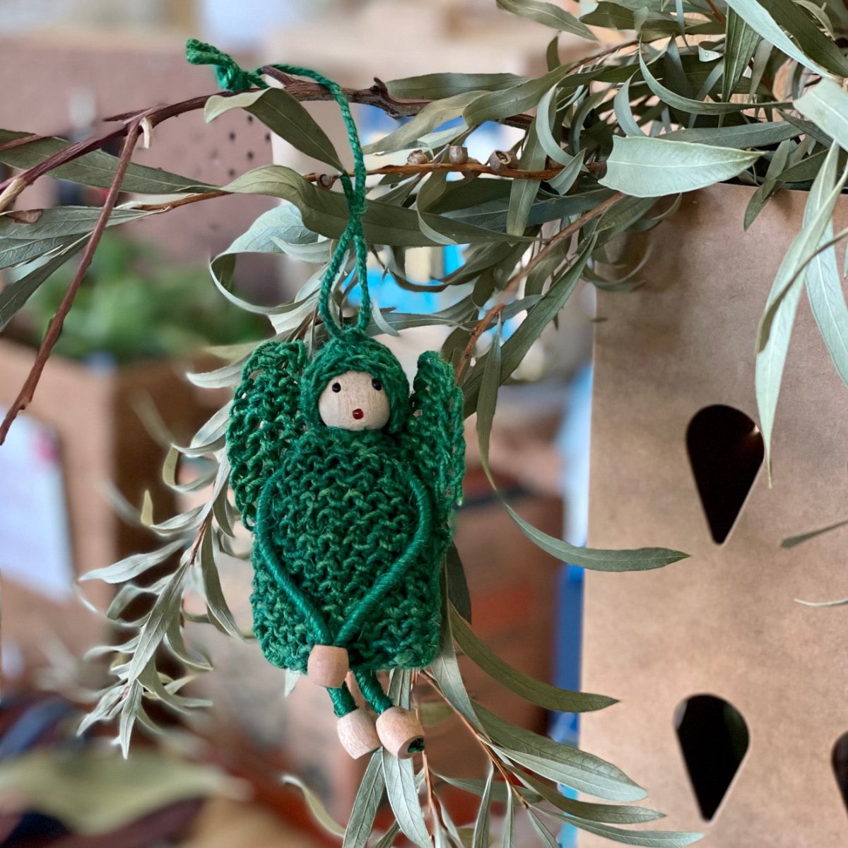 Hanging Christmas Decoration, Green Angel with Wings made from Dyed Hemp and Wooden Beads.