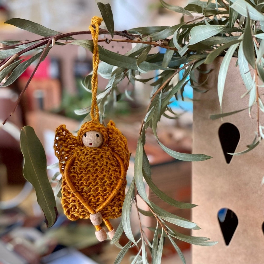 Hanging Christmas Decoration, Mustard Angel with Wings made from Dyed Hemp and Wooden Beads.