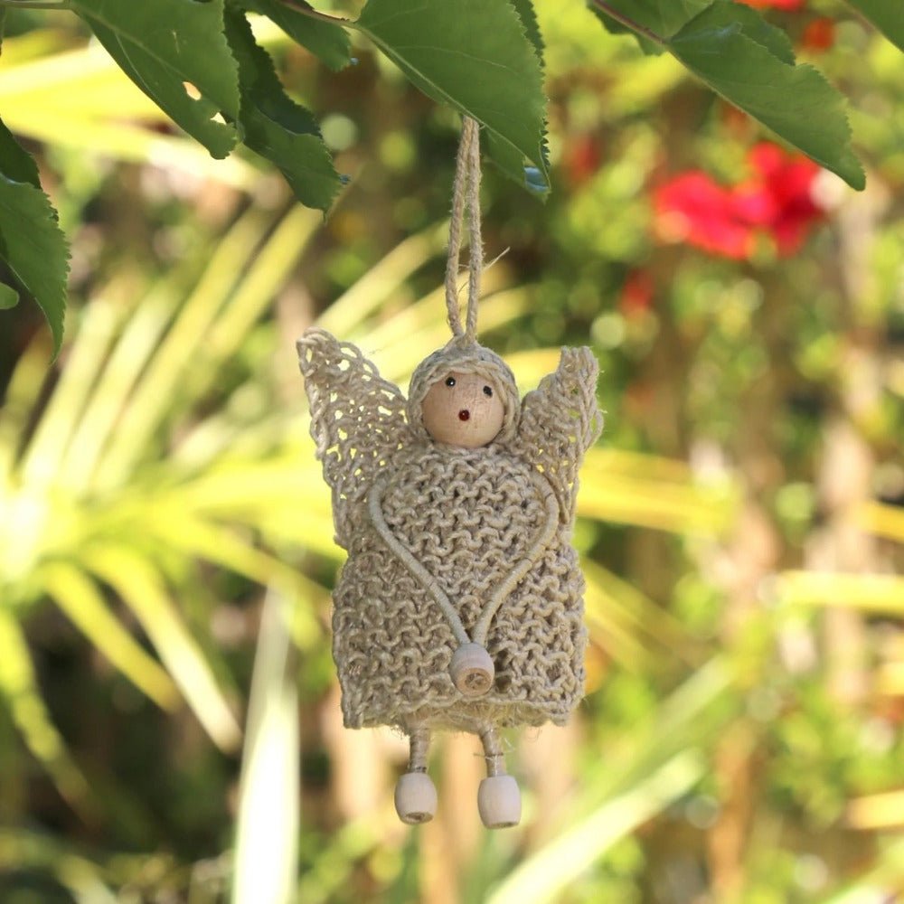 Hanging Christmas Decoration, Angel with Wings made from Natural Hemp and Wooden Beads