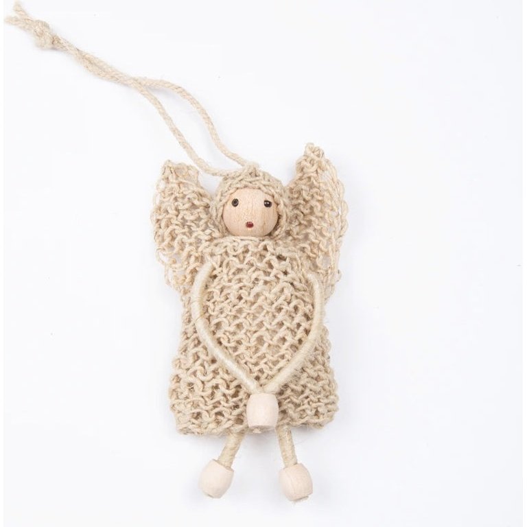 Hanging Christmas Decoration, Angel with Wings made from Natural Hemp and Wooden Beads
