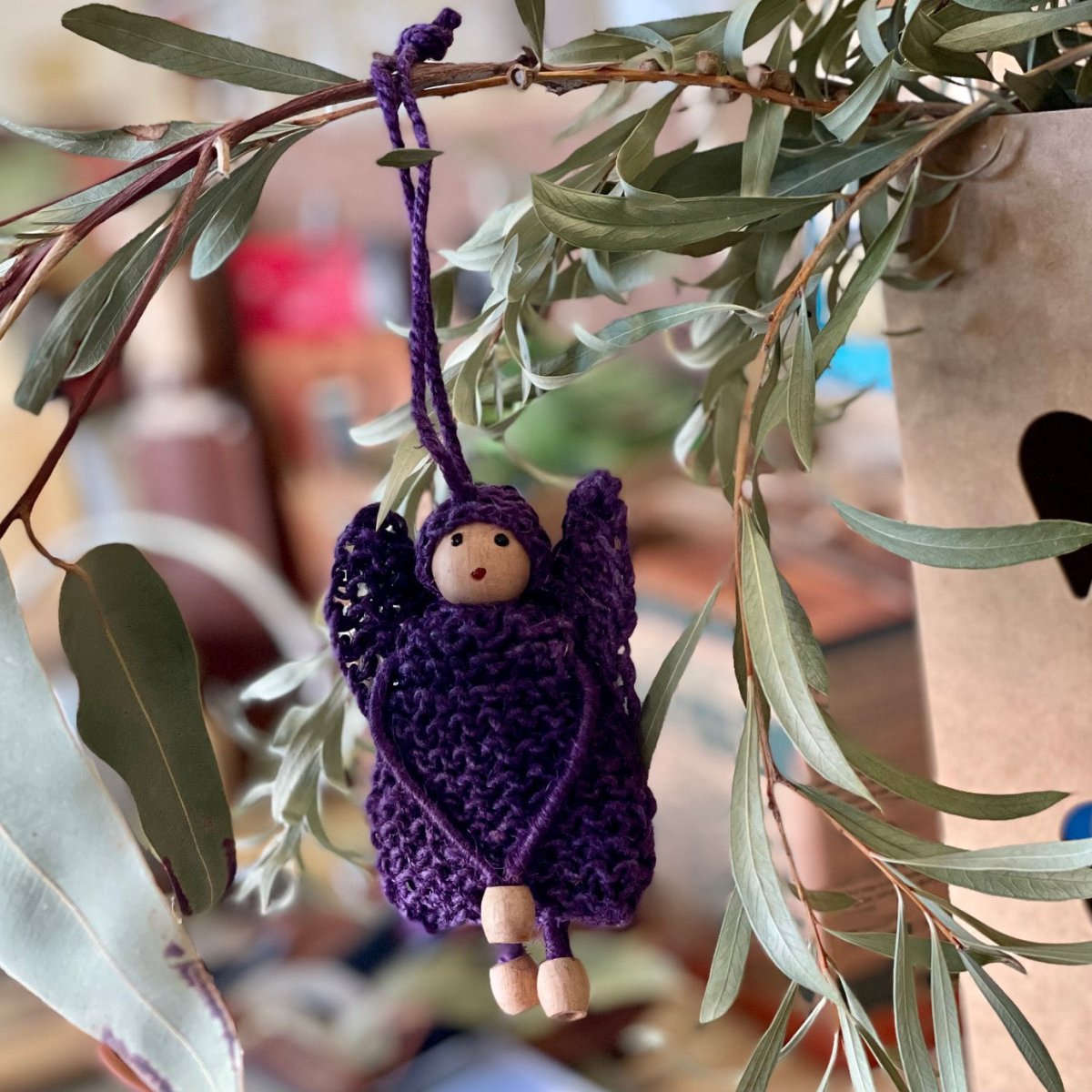 Hanging Christmas Decoration, Purple Angel with Wings made from Dyed Hemp and Wooden Beads.