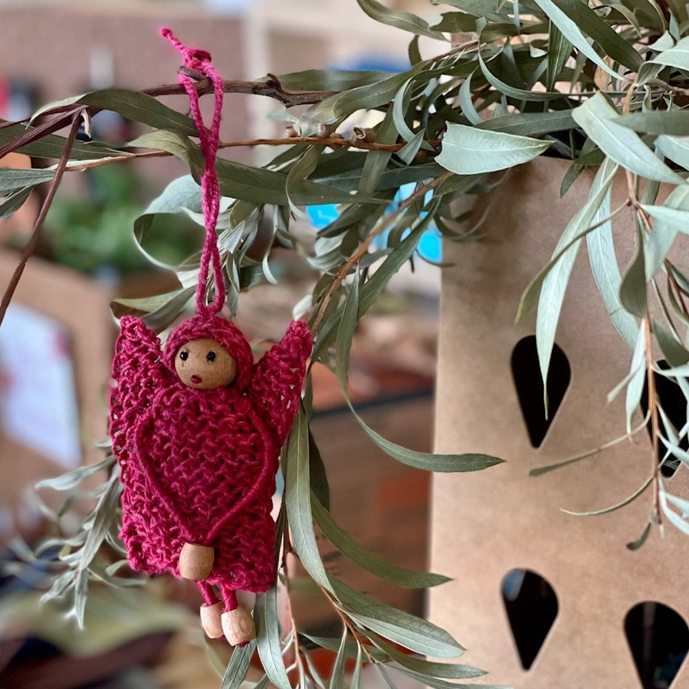 Hanging Christmas Decoration, Red Angel with Wings made from Dyed Hemp and Wooden Beads.