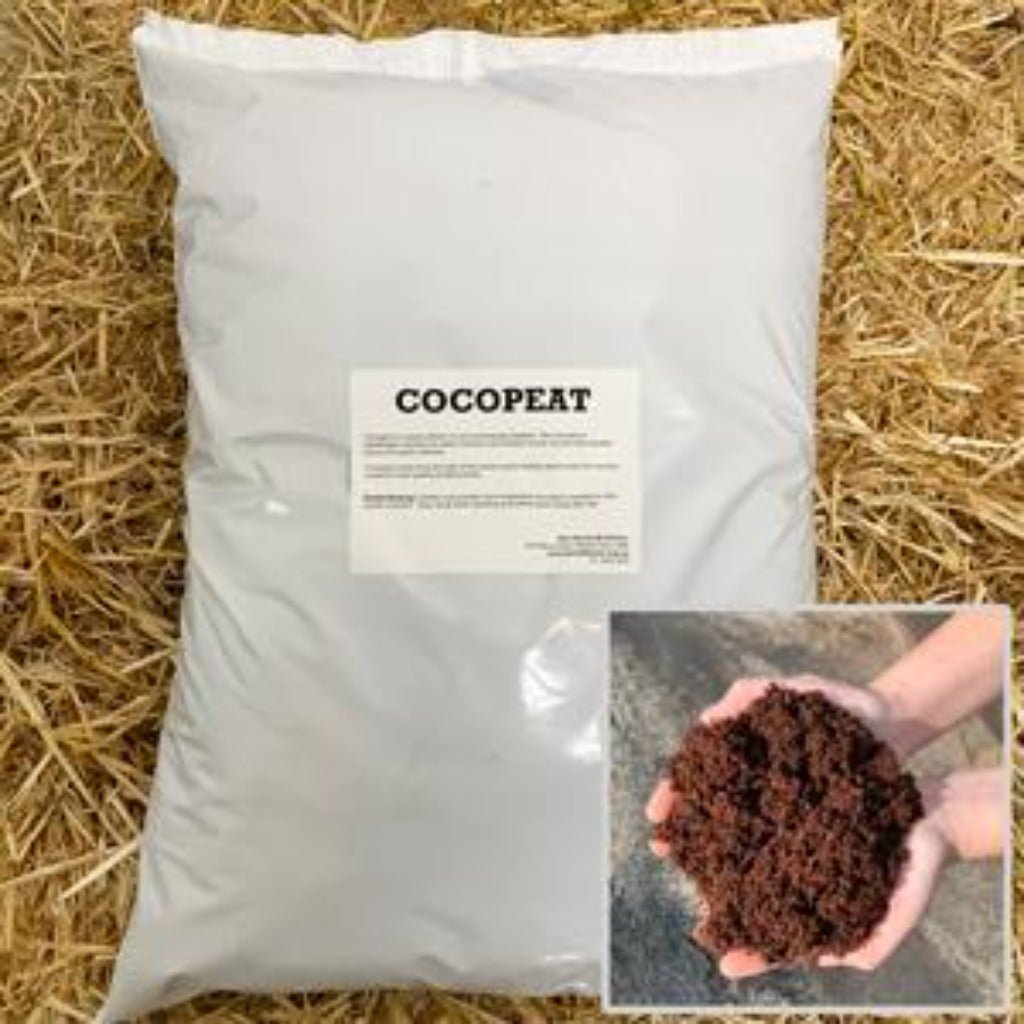 A Bag of Cocopeat from The Green Life Soil Co., with Inset Showing a Handful of the Mixture.