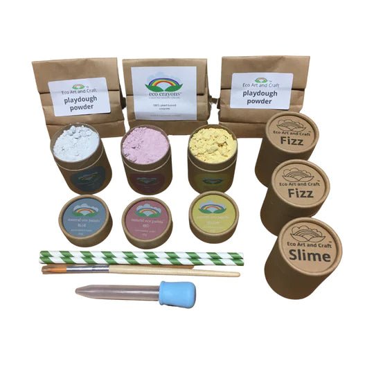 Components of Eco Craft Kit with Natural Paints, Eco Crayons, Playdough Powder, Fizz Powder and Accessories