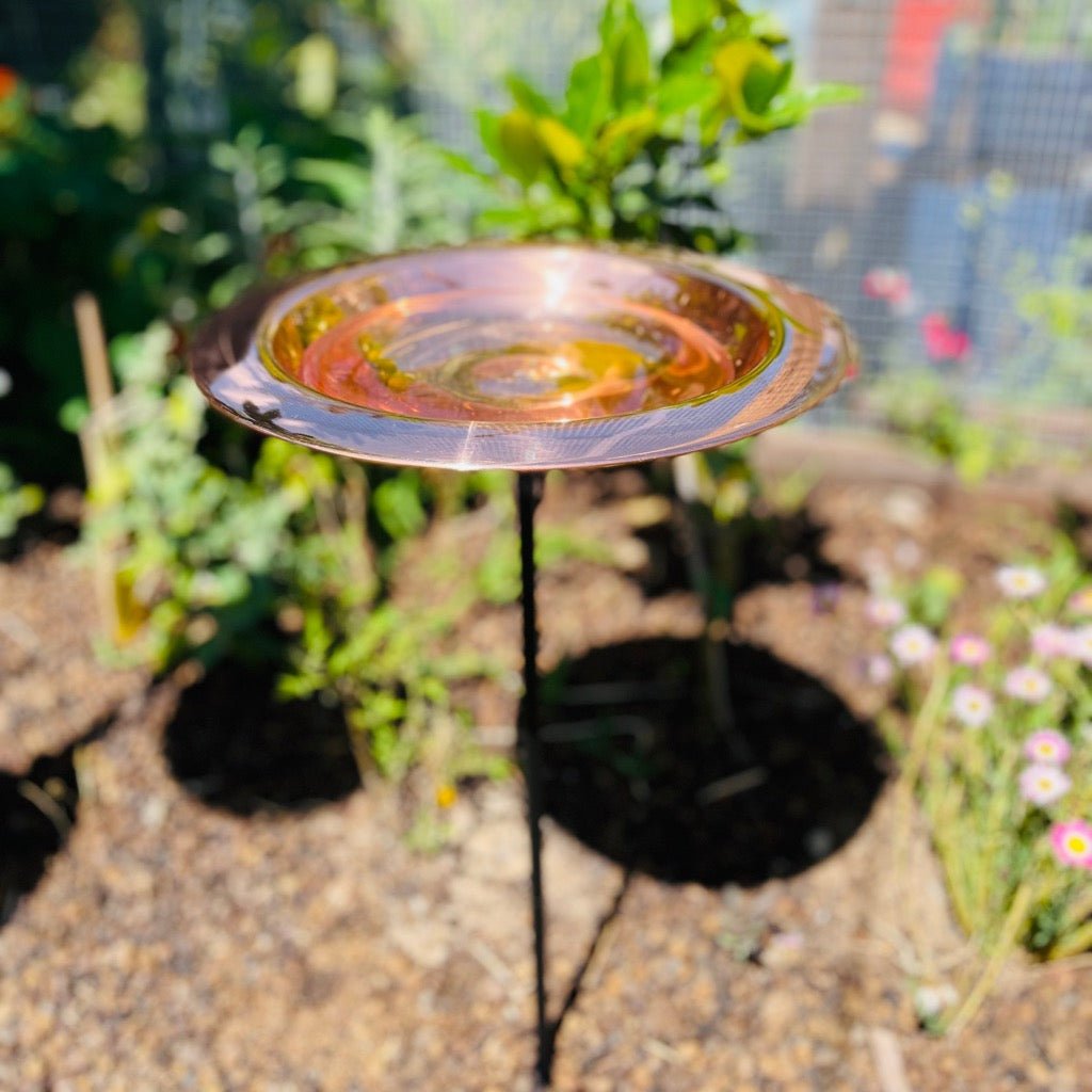 Copper Bird Bath on Stake in Garden 