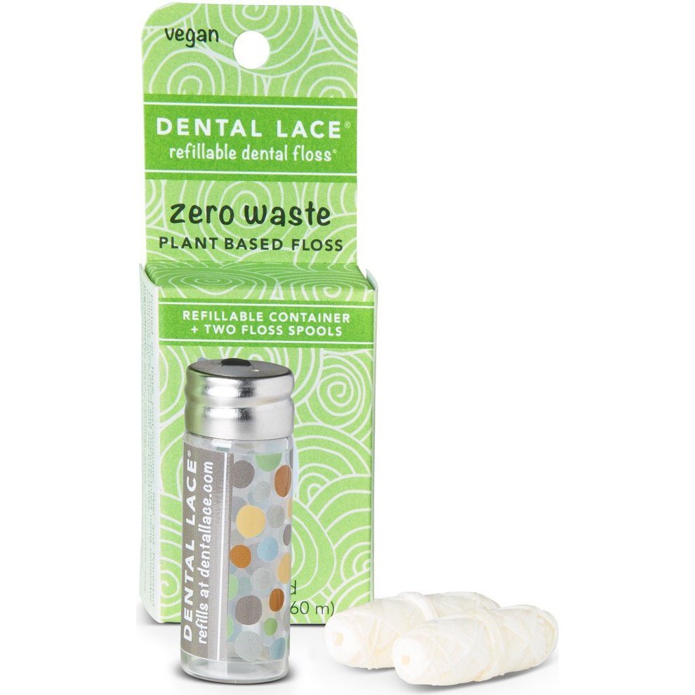 A Refillable Cannister and Two Refill Spools of Dental Lace Plant Based Vegan Friendly Dental Floss, with Packaging