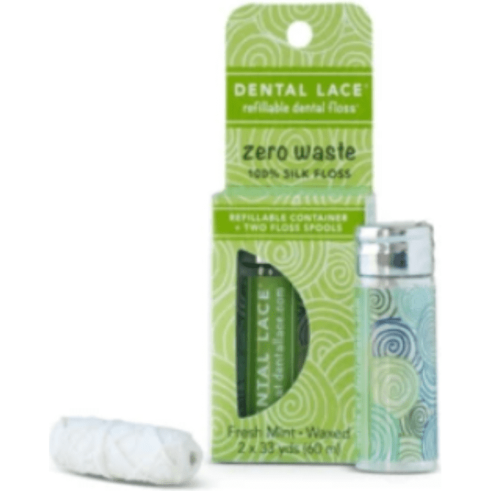 Dental Lace Refillable 100% Silk Floss in Pine Tree Green with Refill Spool and Packaging