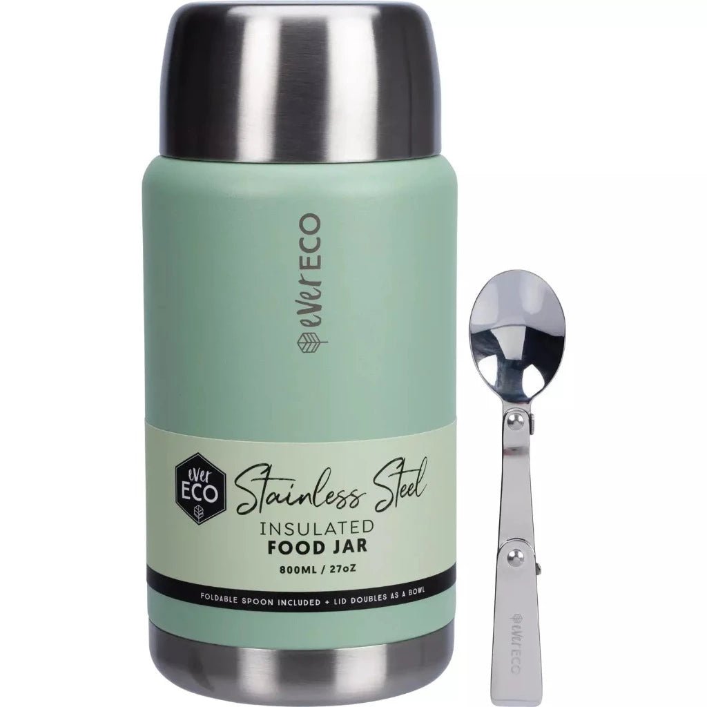 Ever Eco 800ml Stainless Steel Food Jar with Foldable Spoon in Sage, Urban Revolution.