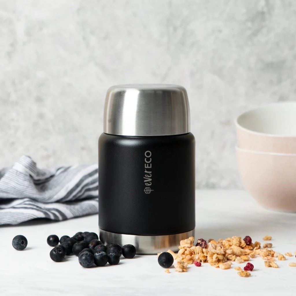 Ever Eco Stainless Steel Food Jar with Foldable Spoon in Onyx Colour with Fruit &amp; Museli.