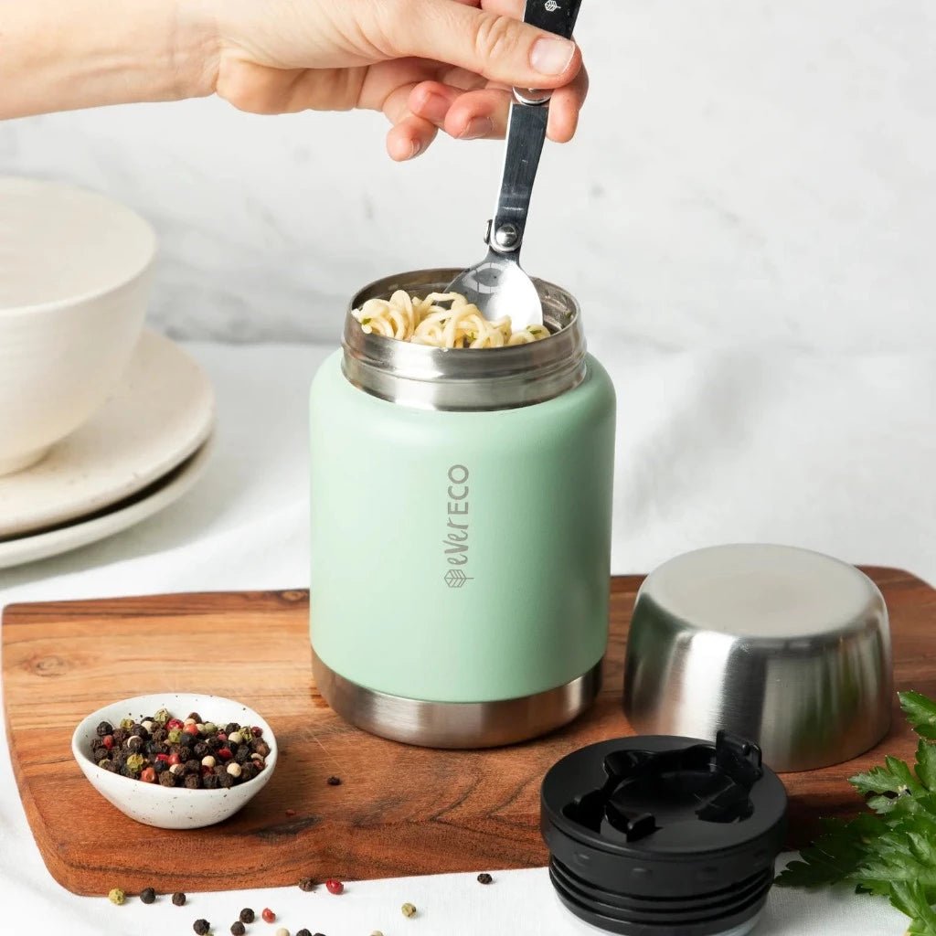 Ever Eco Stainless Steel Food Jar with Foldable Spoon in Sage Colour with Noodles.