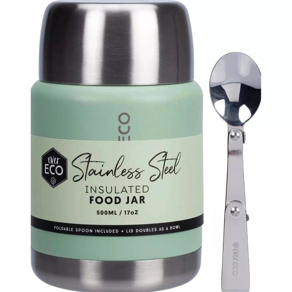 Ever Eco 500ml Stainless Steel Food Jar with Foldable Spoon in Sage, Urban Revolution.