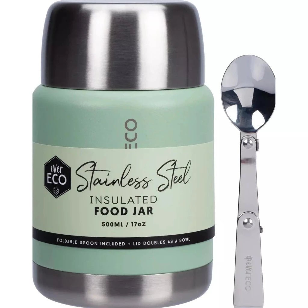 Ever Eco 500ml Stainless Steel Food Jar with Foldable Spoon in Sage, Urban Revolution.