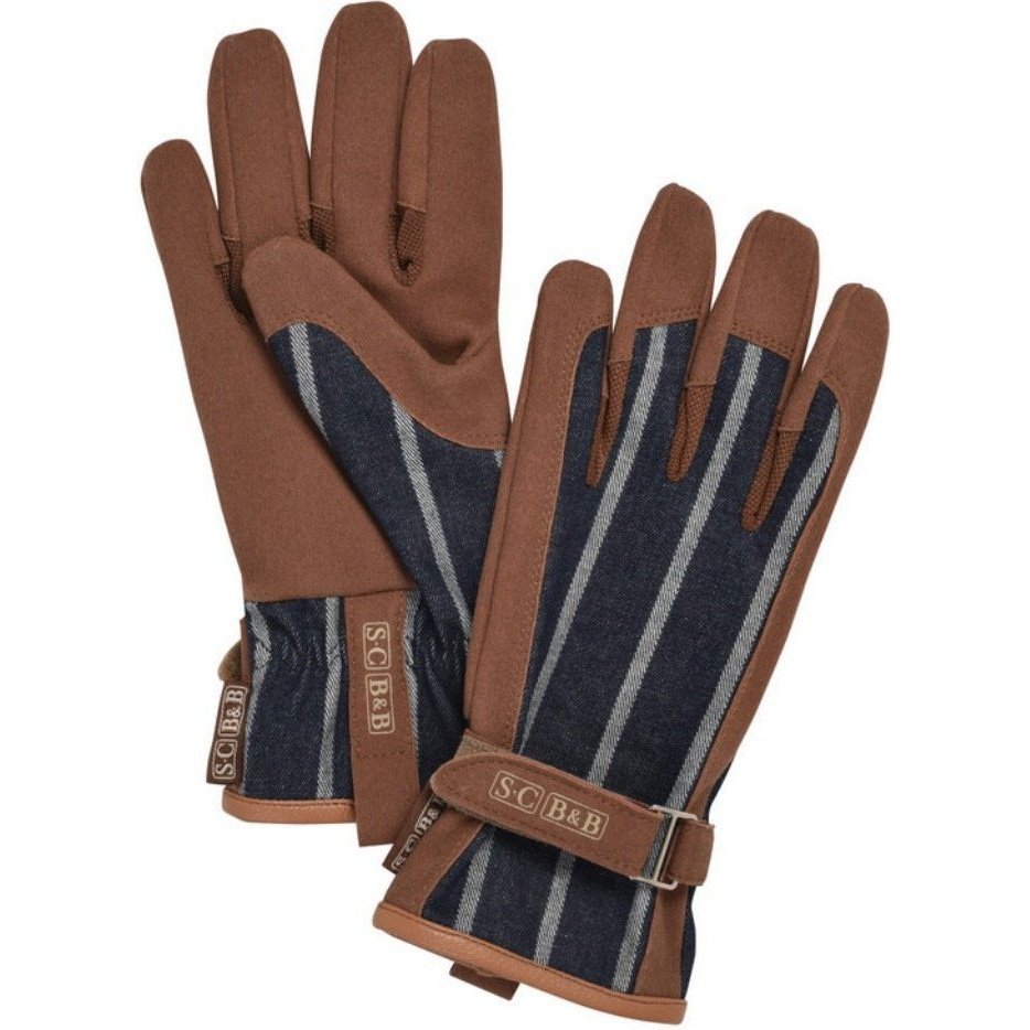  Pair of Everyday Gloves Ticking with Sophie Conran and Burgon & Ball Logos Etched on Leather Straps