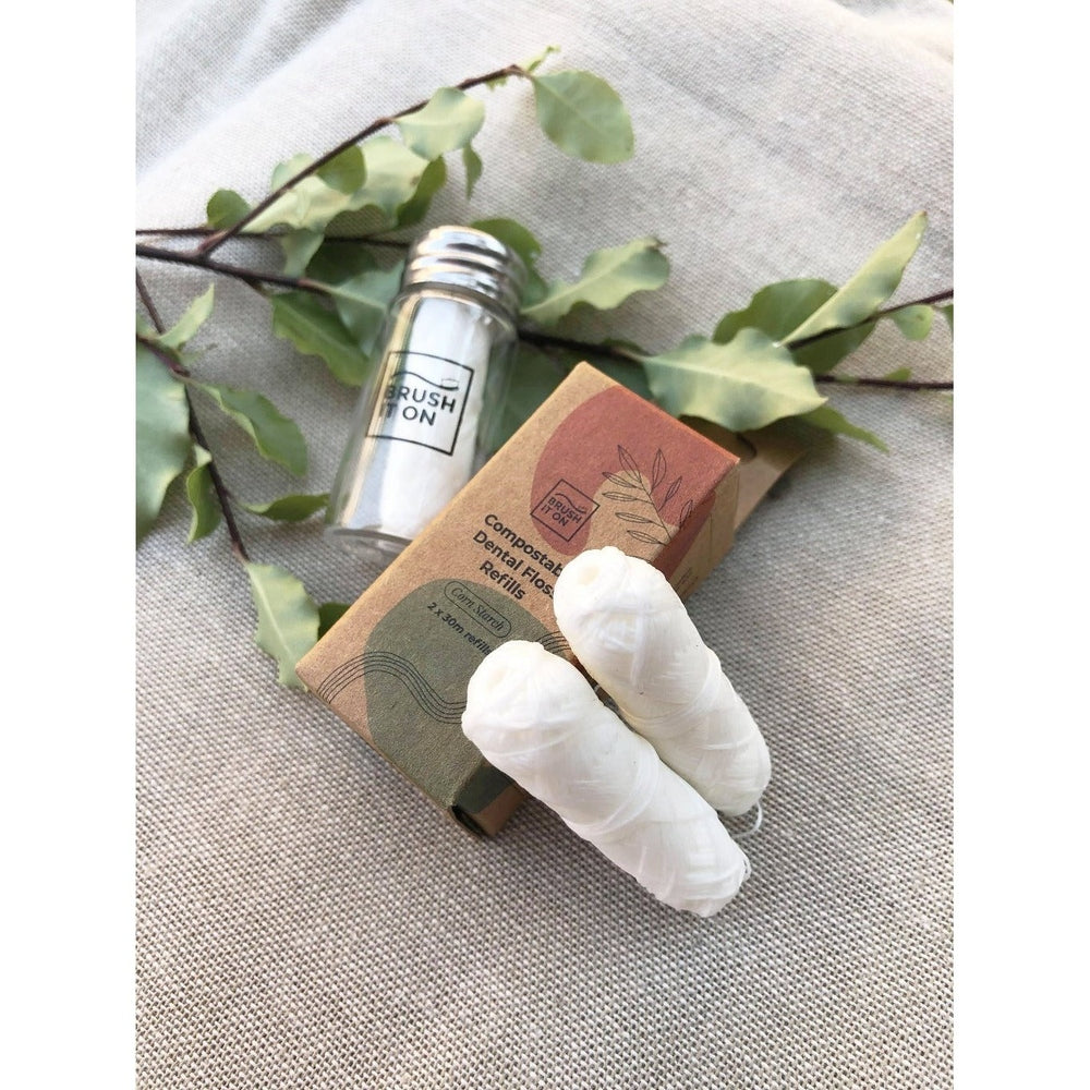 Two Refill Rolls of Compostable Dental Floss with Glass Tube and Carcboard Packaging