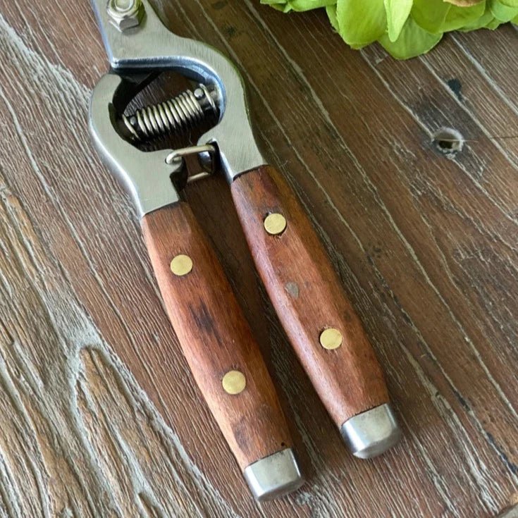 Flower Snips with Red Wood Handles and Brass Pin Detail