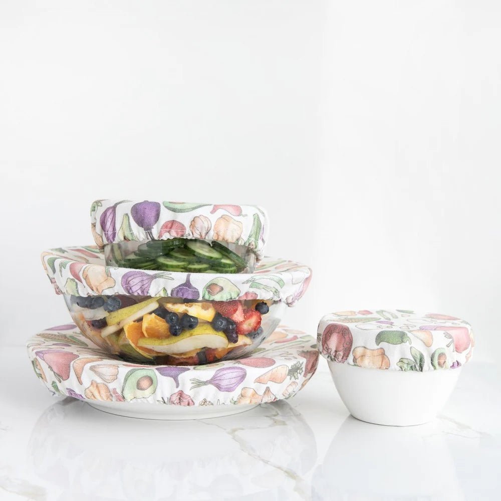 4MyEarth Set of 4 Food Covers in Veggie Design, Covering Stack of Bowls.