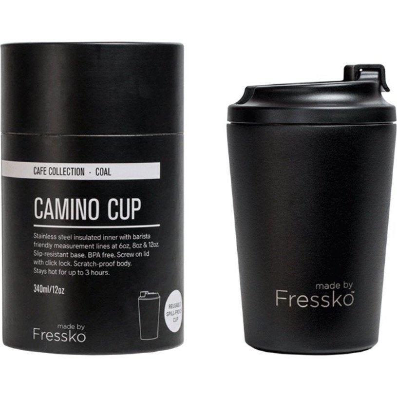 The Camino Reusable Coffee Cup from Fressko with Packaging in Coal (Black) 