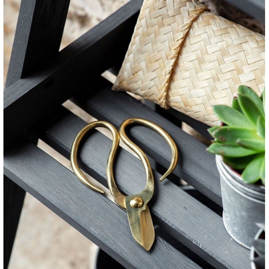Brass-Finished Garden Scissors with Handwoven Bamboo Pouch on Wooden Bench Seat