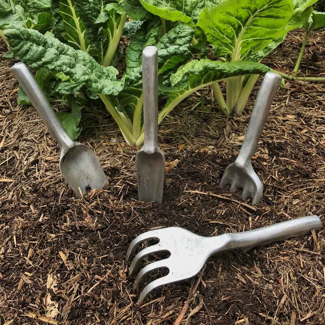Australian Made Solid Aluminium Garden Tool Set Including Narrow Trowel, Wide Trowel, Fork and Cultivator in Soil, Urban Revolution.