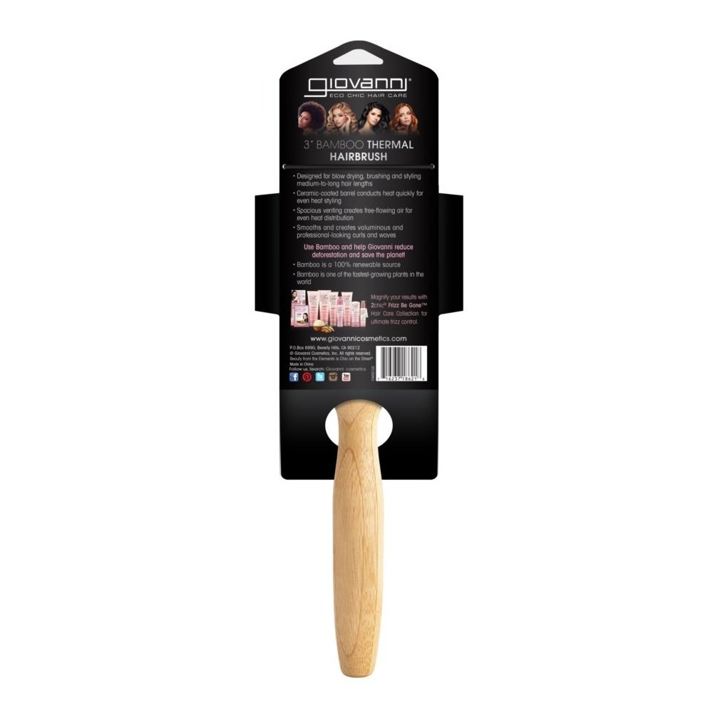 Bamboo Hair Brush with 3&quot; Ceramic Thermal Barrel by Giovanni in Packaging - Reverse Side