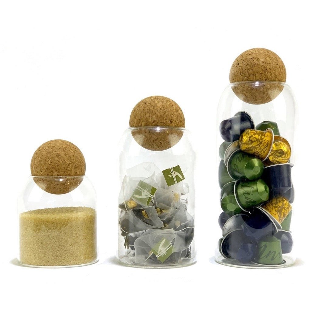 IOco Glass and Cork Canisters Storing Coffee, Tea and Sugar.