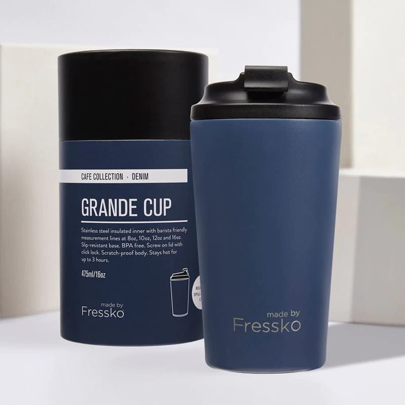 Grande Reusable Coffee Cup in Denim by Fressko, Urban Revolution.