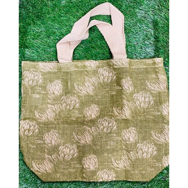 The Grocer Bag - 100% Jute Olive Field Protea Design