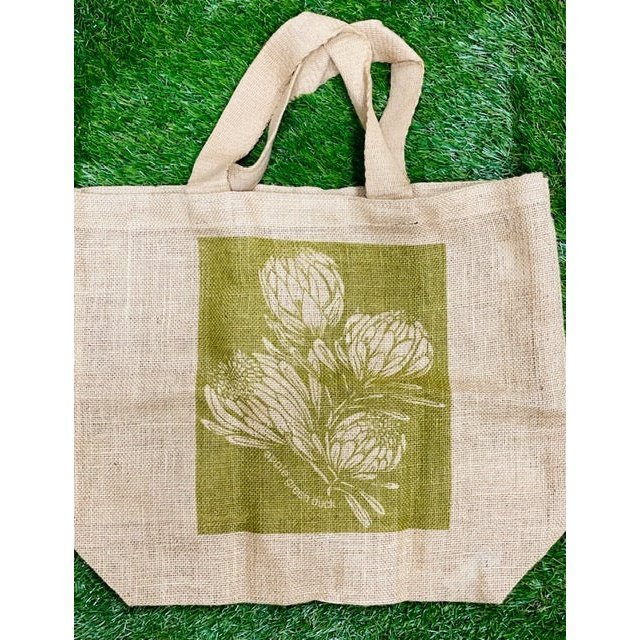 The Grocer Bag - 100% Jute Olive King Protea Design