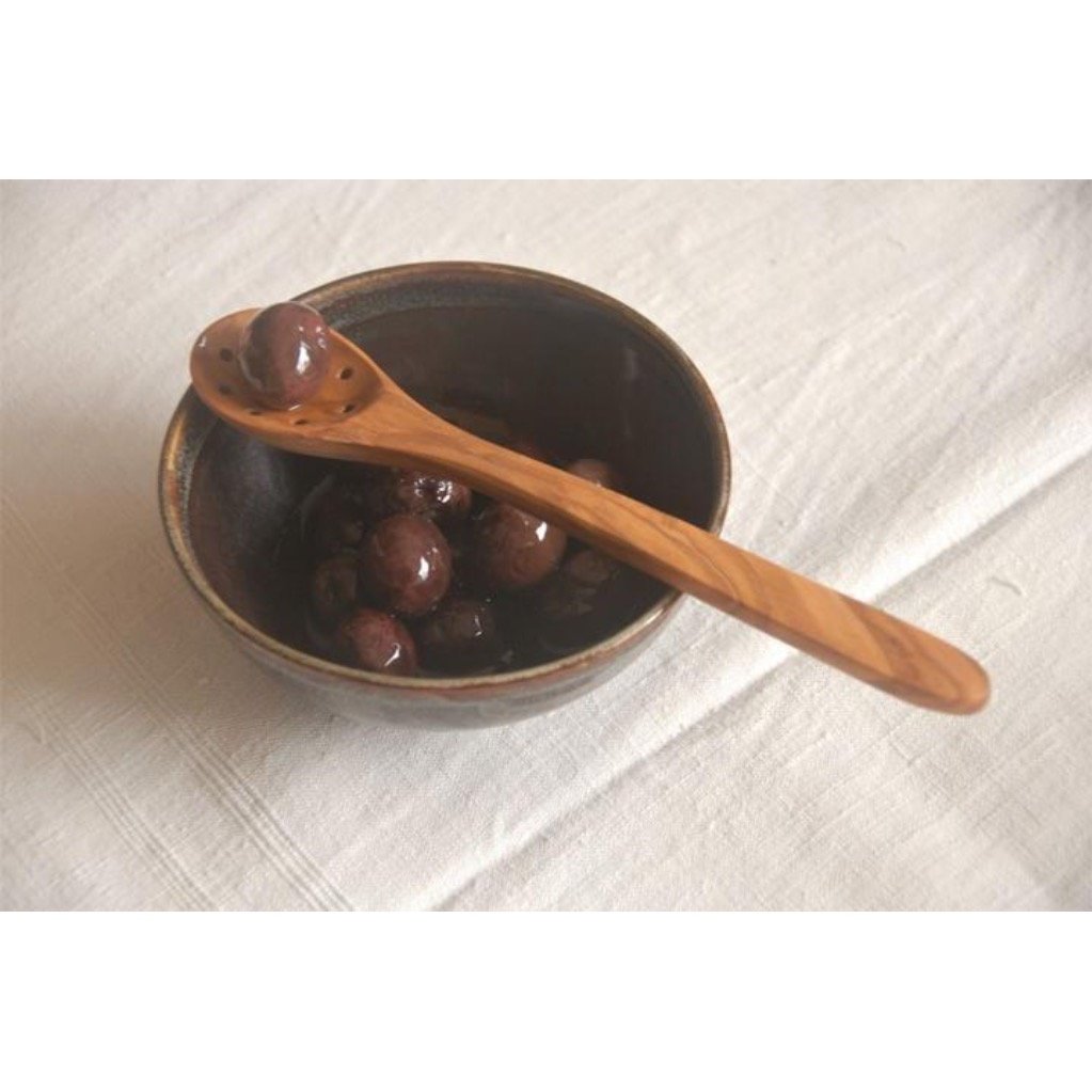 Olivewood Condiment Spoon from Heaven In Earth, with a Bowl of Olives