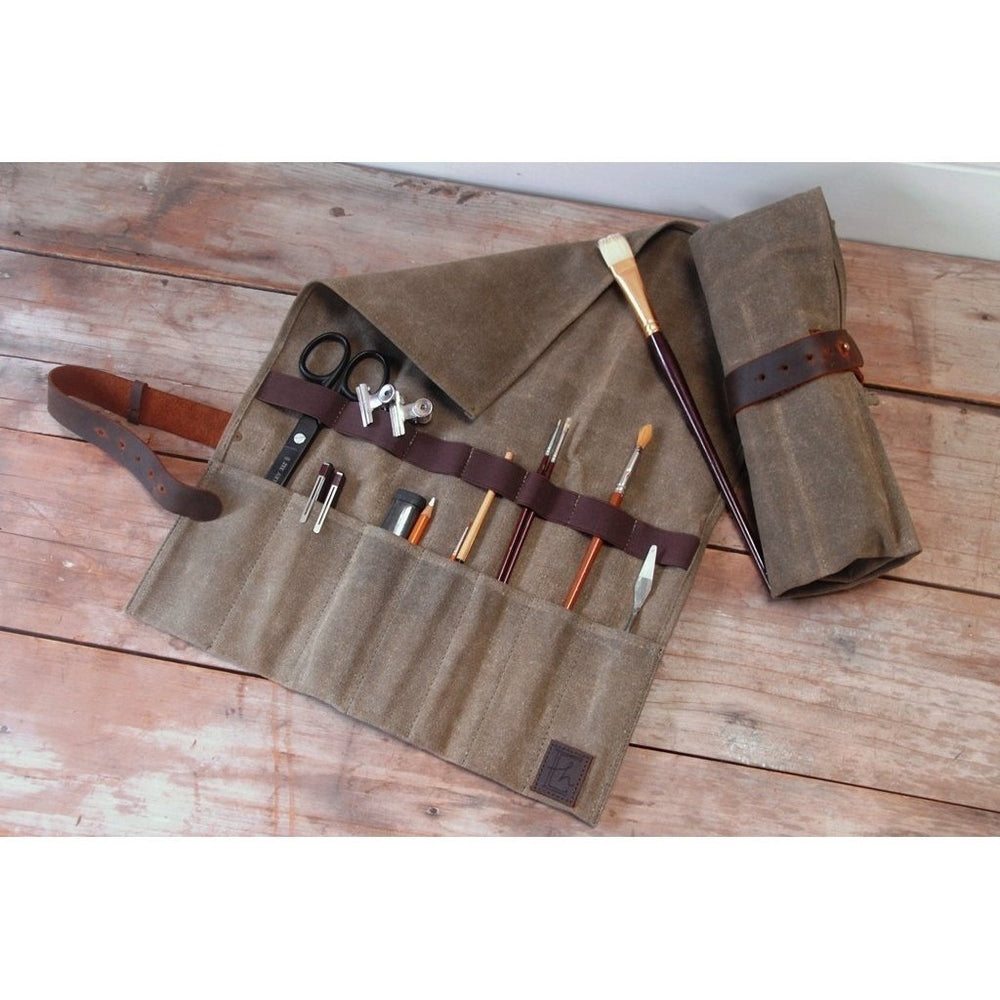Two Waxed Canvas Tool Rolls from Heaven In Earth: Open, Holding Painting & DrawingTools, and Rolled Closed