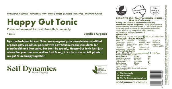 Carton Label for Happy Gut Tonic Seaweed Fertiliser from Soil Dynamics, Urban Revolution.