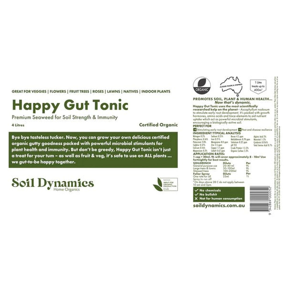 Carton Label for Happy Gut Tonic Seaweed Fertiliser from Soil Dynamics, Urban Revolution.