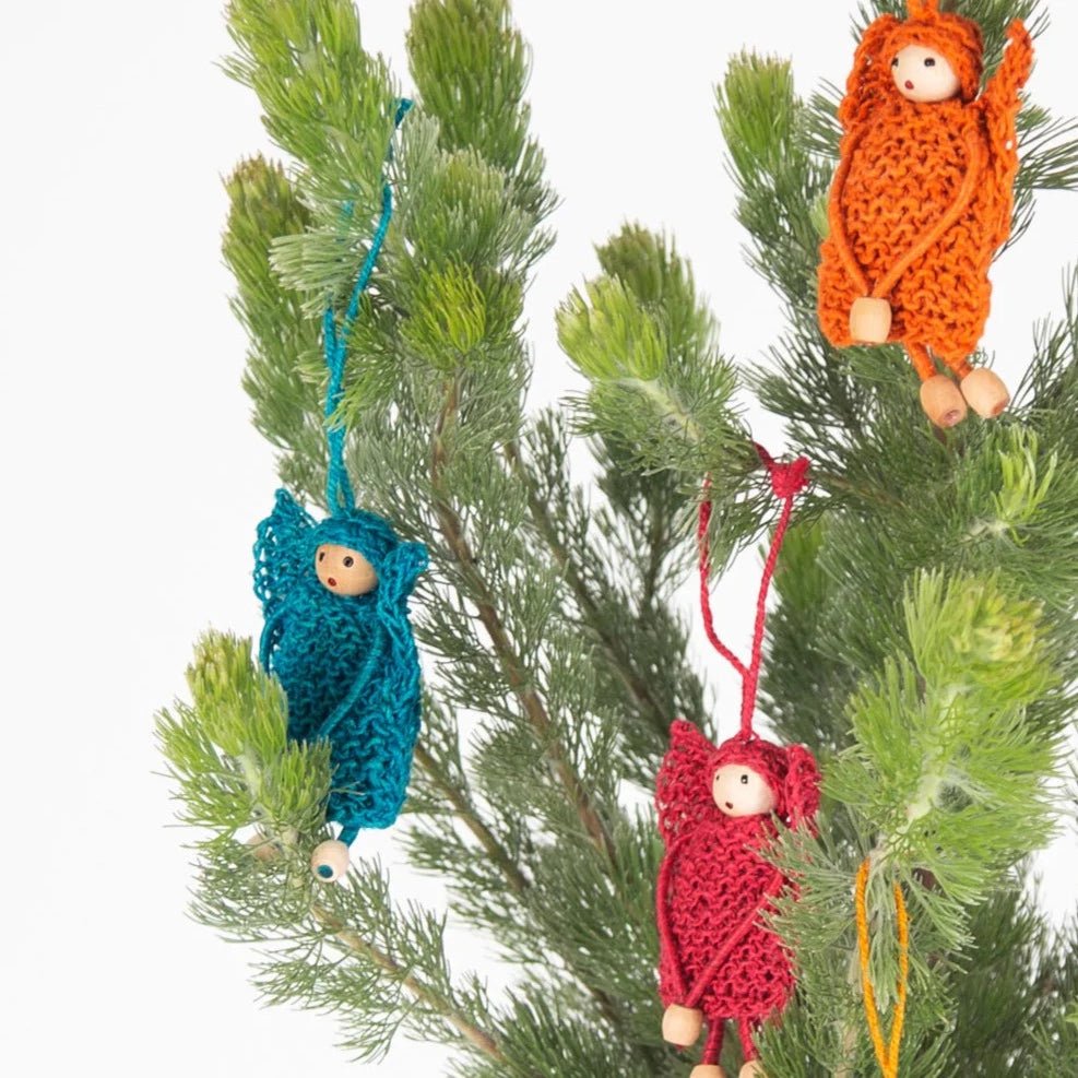 Hand Knitted Christmas Hemp Angels from Fair Go Trading Hanging in Tree, Urban Revolution.