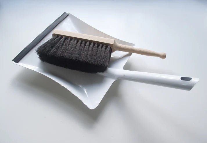 Heaven In Earth Horse Hair Dust Brush Shown with Heaven In Earth Metal White Dust Pan, Urban Revolution.