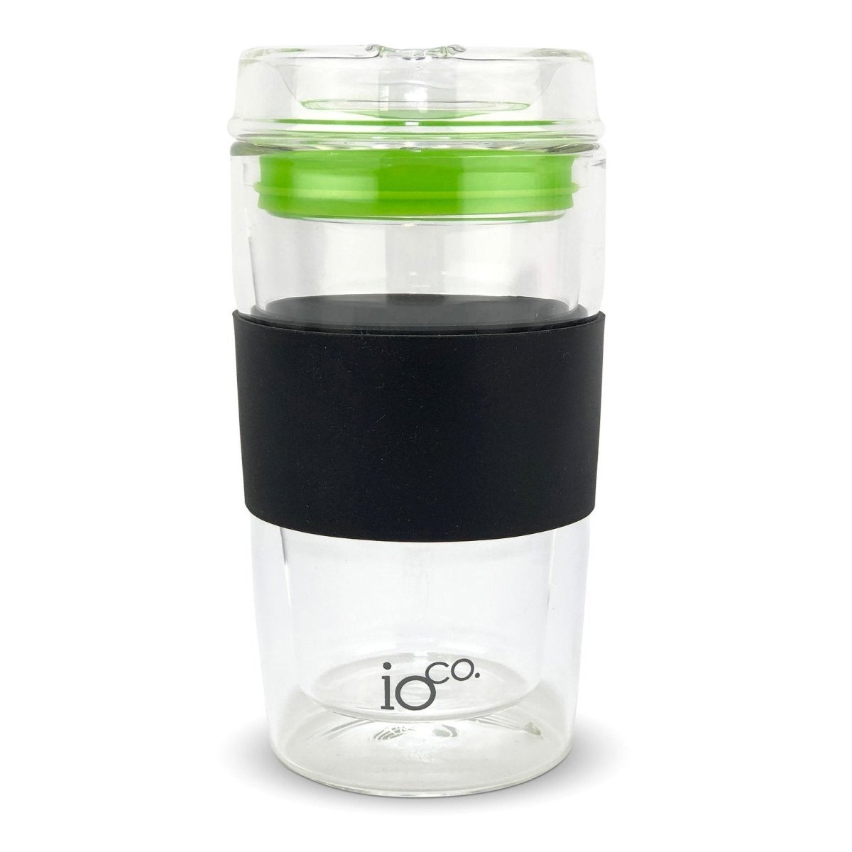 IOco 12oz Glass Coffee Traveller Cup - Black with Apple Green Seal.
