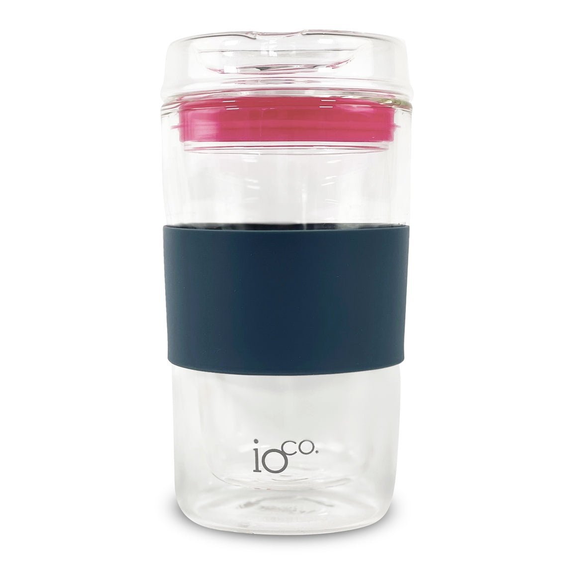 IOco 12oz Glass Coffee Traveller Cup - Midnight Blue with Hot Pink Seal.