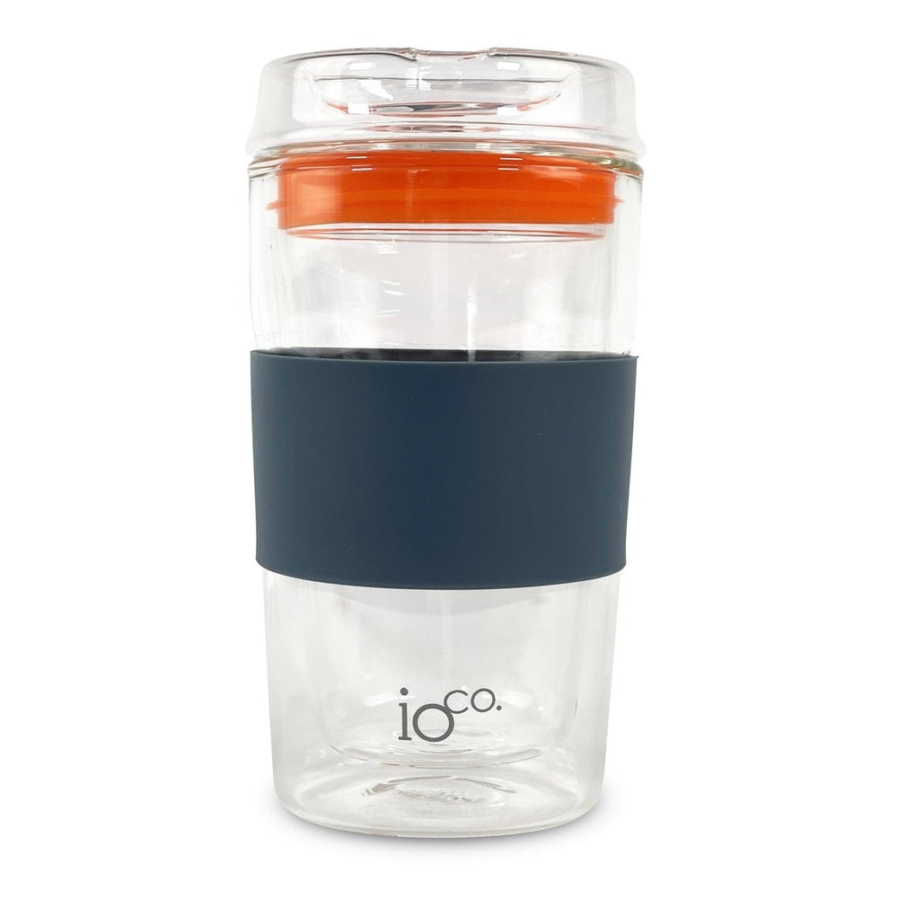 IOco 12oz Glass Coffee Traveller Cup - Midnight Blue with Kumquat Orange Seal.